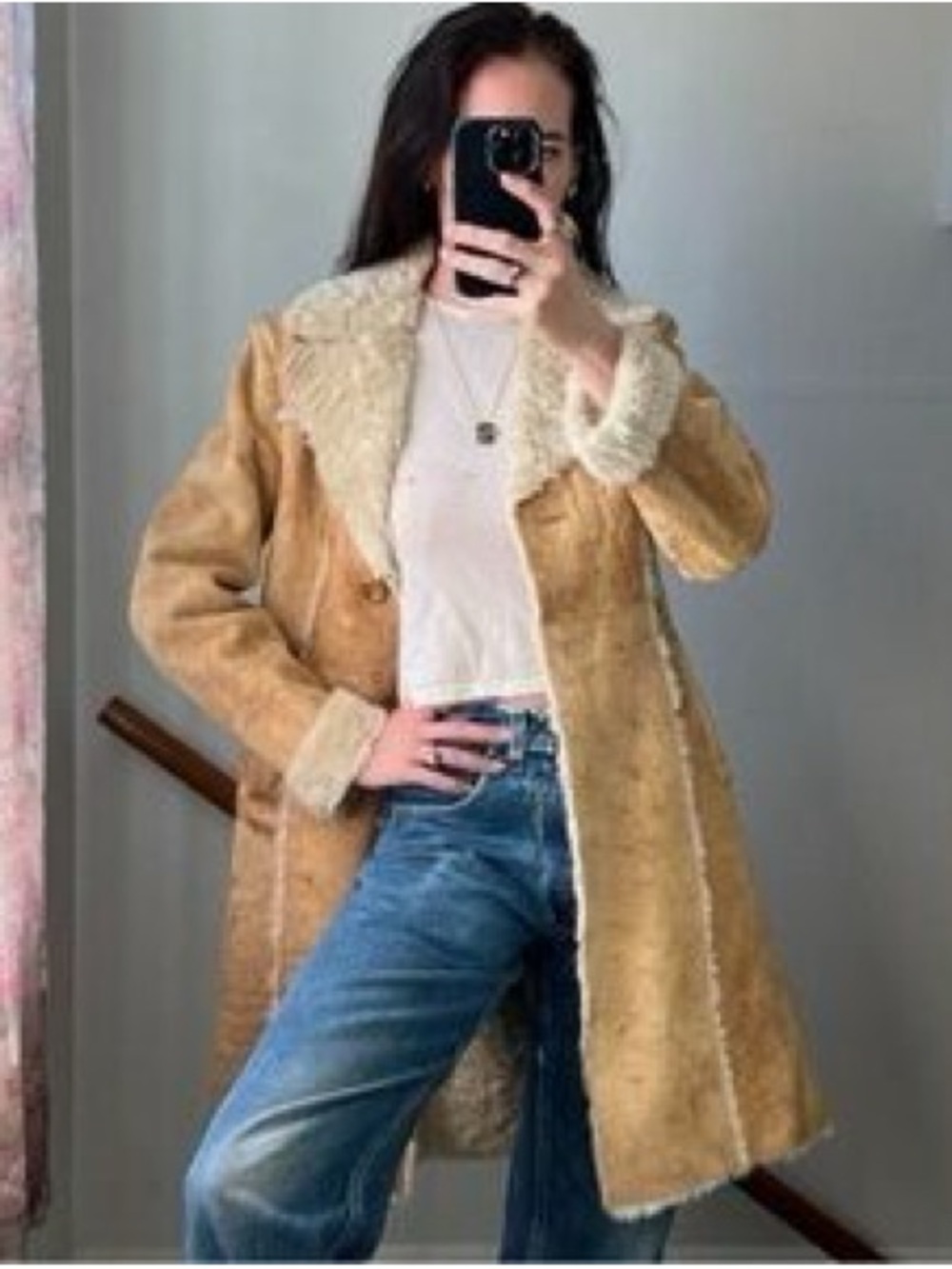Y2K Express Vintage Tan Shearling Trench Coat Real Leather